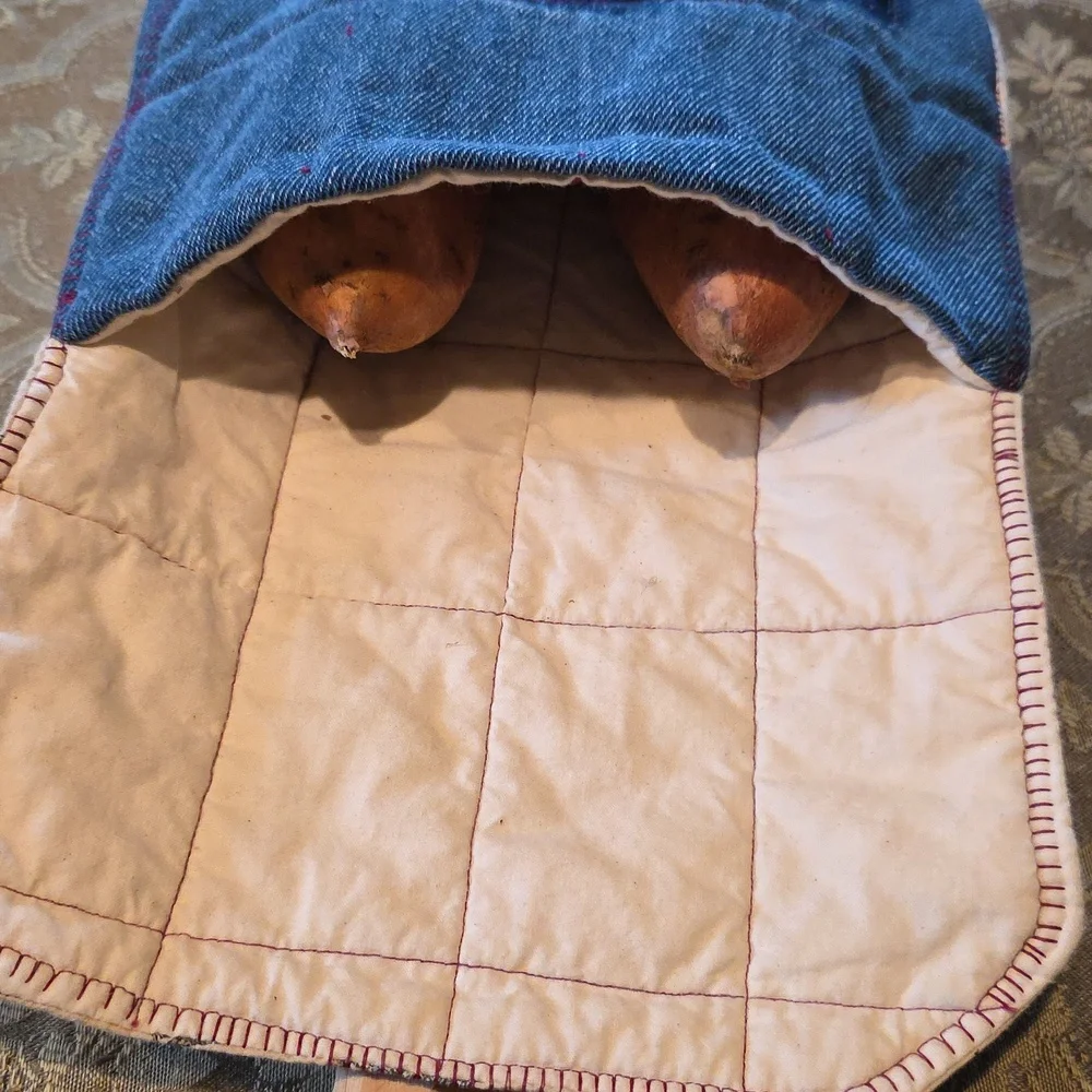 HAND CRAFTED Potato Pouch Microwave UPCYCLE Blue Denim Cotton Farmhouse 8.5 Inch